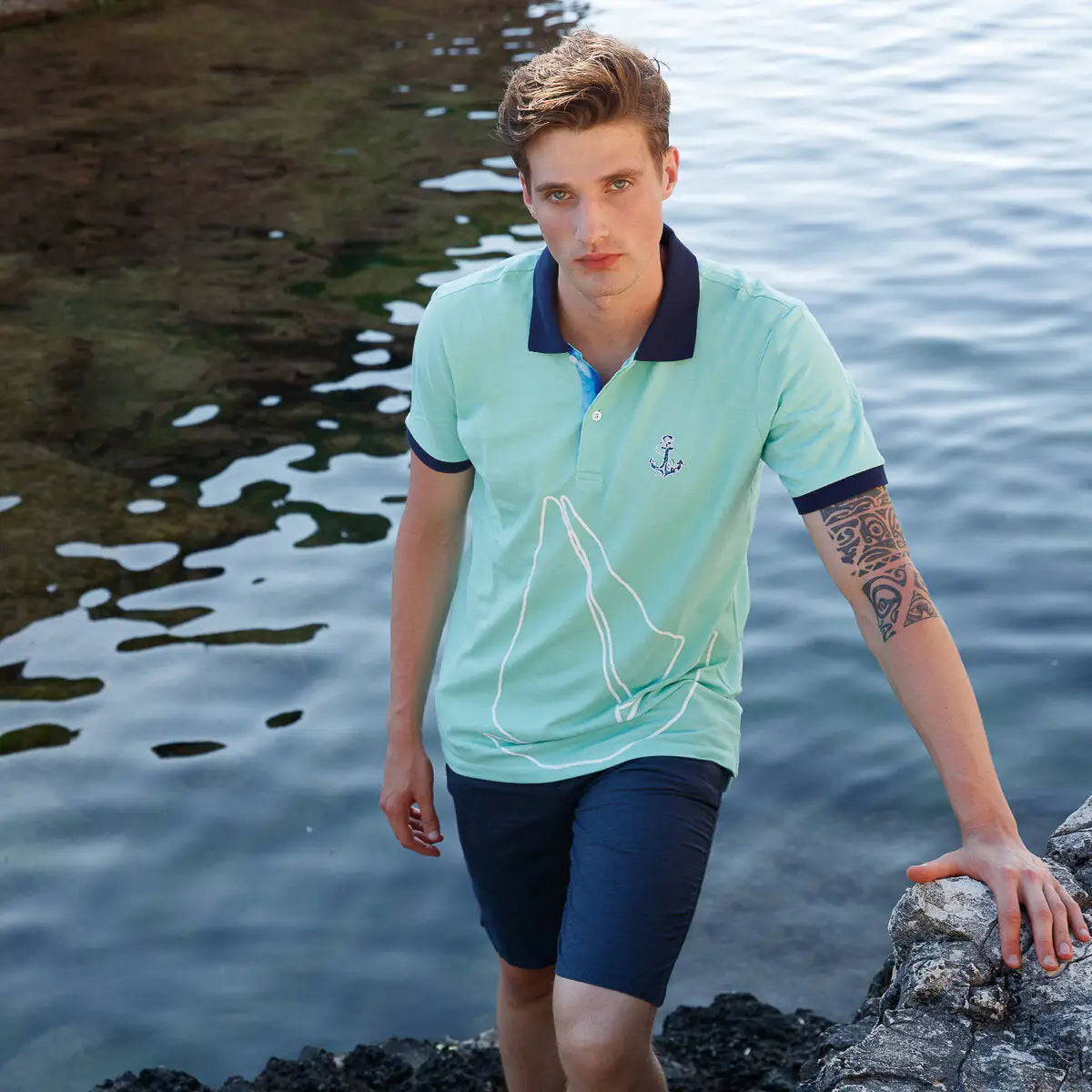 Anemoss Marine Mint Green Men's Polo Collar T-Shirt